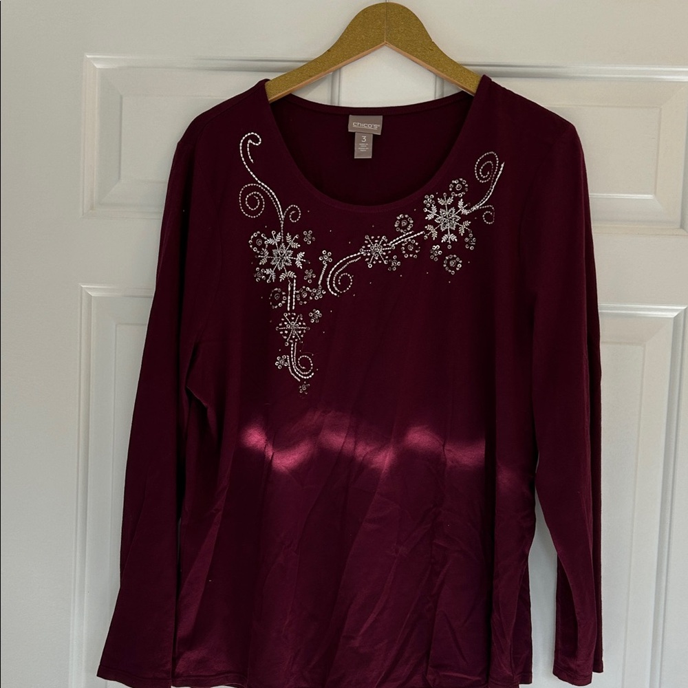 Chico's Deep Red Long Sleeve Top with White Embellishments